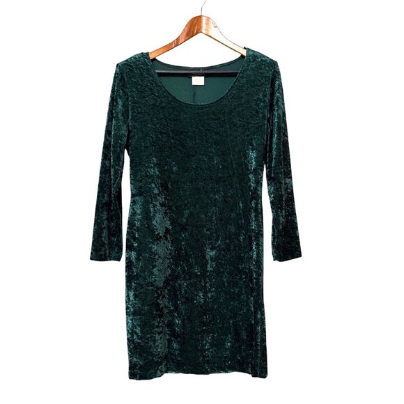 Vintage Emerald Green Velvet Petite Midi Dress By Jazz Long Sleeve - Picture 1 of 8